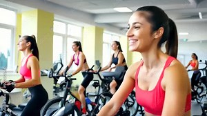 An energetic young woman cycling on an exercise bike, shown from the side during a lively and dynamic gym spinning class