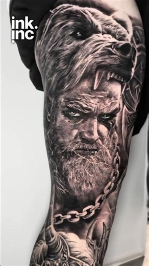Epic Viking leg sleeve tattoo with powerful Norse mythology elements ⚔️