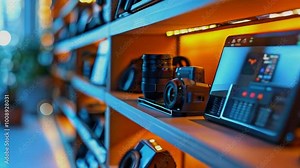 A collection of cameras and devices displayed on a well-lit shelf in a modern setting.