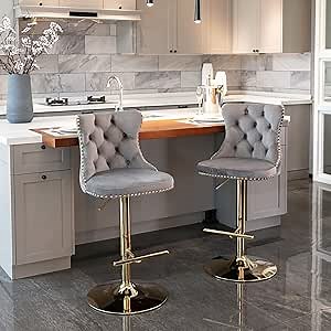 Set of 2 Modern Swivel Adjustable Bar Stools, Gray Velvet Tufted Bar Chairs with Backrest and Nailhead Trim, for Kitchen Island, Home Pub, or Counter, Gold