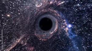 Flying through space toward black hole with passing stars and galaxies