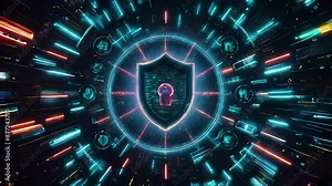 High-tech cyber security dashboard with neon lock and data interface in vibrant colors.