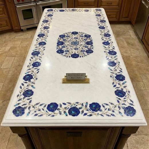 Pietra Dura White Marble Inlay Table Top | Lapis Lazuli Floral Design | Taj Mahal Style Dining Table | Rectangular Inlaid Stone Slab - Etsy