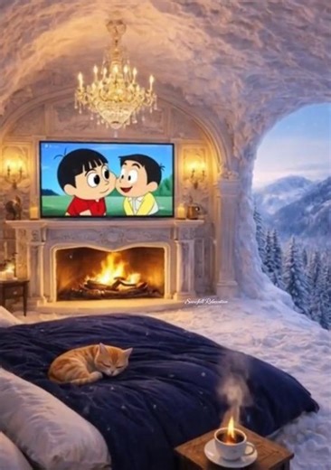 Cozy Snow Cave Bedroom with Fireplace & Snowfall Outside #shorts #cliffsideliving #mountainview