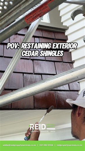 Thank goodness we’re not using this tiny roller for an entire house… but when it comes to cedar shingles, the details matter 👌🏽 Using the right tools means we can get into every gap without flicking stain onto freshly painted weatherboards — clean lines, no mess, and a finish that lasts. Auckland homeowners, if your cedar cladding or exterior paint needs a refresh, our team has the experience (and patience 😅) to get it done right! #reidpropertyservices #exteriorpainting #propertymaintenancese