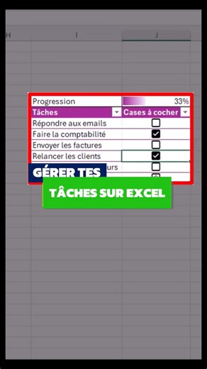 ✅ Tu veux créer un tableau de gestion de tâches dynamique dans Excel ? 💡 Mes Tutos Excel te montrent comment suivre ta progression avec des cases à cocher et une barre d’avancement automatique 🔥 🧩 Étape 1 – Créer le tableau ➡️ Crée 2 colonnes : • Tâches • Cases à cocher ➡️ Liste toutes tes tâches dans la première colonne 📋 ☑️ Étape 2 – Insérer les cases à cocher ➡️ Nouvelles versions d’Excel : Insertion → Case à cocher ➡️ Anciennes versions : Onglet Développeur → Insérer → Case à cocher ➡️ P