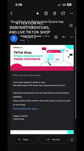 Email from TikTok. TikTok creator health is low. Yeah the reason that is is because TikTok has falsely been giving me restrictions on my shoppable live in my content, and I have proof of this. However, no one has done anything in months. There’s your sign. #TikTok #creatorhealthrating #Algorithm #Restrictions #ItIsWhatItIs
