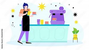 barista preparing coffee with modern espresso machine in vibrant cafe setting illustration business animated video