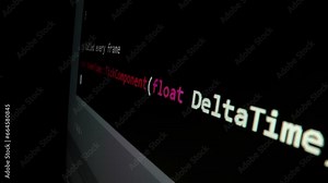 Closeup macro shot movement of coding script moving across LED screen with real-time AI-generated typing, showcasing advanced AI learning in optimization, debug and coding for software development.