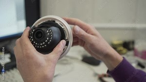 The Technician Repairman Adjusts the CCTV Camera for the Computer. Frame with Male Hands Holding the Camera, the background is Blurred. Setting up the CCTV Camera. Stock Video