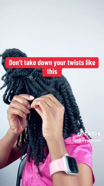 Unravel your twsits from the bottom to minimize breakage, tangles and frustration. I like to create a small opening about 2 inches from the end and untwist in the opposite direction. These twists have been up for 6 weeks. #minitwists #naturalhair #protectivestyles #4chair #lengthretention