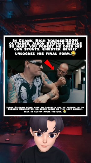 In Crank: High Voltage (2009) Outtakes, Chester Bennington Made Jason Statham Break 😂 This viral moment from the Crank: High Voltage (2009) outtakes shows just how much fun went on behind the scenes. Chester Bennington's cameo was so intense it actually made action star Jason Statham break character, which is rare considering he usually does all his own stunts! As the featured tweet mentions, Jason Statham being able to casually say he "rubbed up on Chester Bennington" mid-scene might truly be 