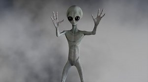 Scary gray alien stands and looks blinking on a dark smoky background. UFO futuristic concept. 3D rendering.