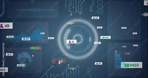 Animation of social media notification icons over scanning circle and hud screens Stock Video