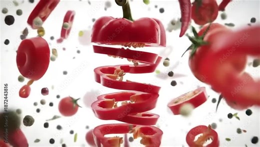 Red bell pepper slices and chili peppers exploding with peppercorns and tomatoes in a dynamic