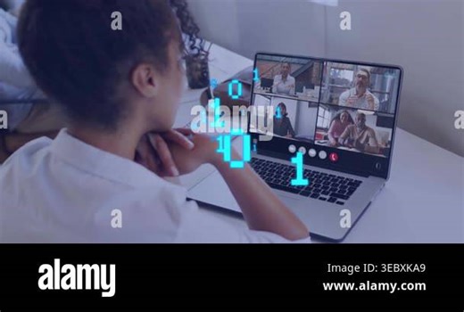 Woman sitting during tech meeting, caller gesturing and sharing data, 1s and 0s floating near her. Remote, workspace, laptop, grid, binary, digits, notebook Stock Video Footage - Alamy