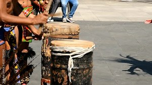 Mexico, Mexico City, Indian Aztecs playing drums, drums in the foreground
