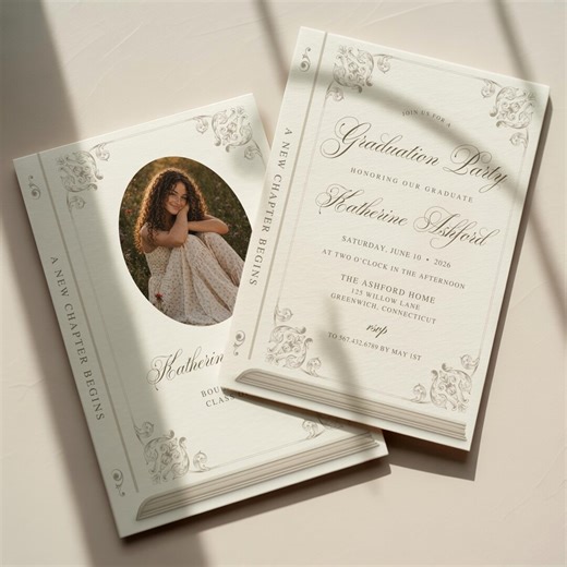 A New Chapter Begins Graduation Party Invitation, Victorian Vintage Story Book Graduation Party Invitation, Editable Canva Template (5x7")