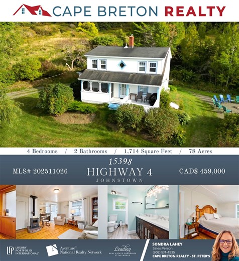 For Sale | Located in Johnstown! Experience refined country living with this elegant four-bedroom, two-bath residence overlooking the Bras d’Or Lake. Set on 78 acres, this property offers unmatched privacy, breathtaking scenery, and endless potential. Beautifully furnished and currently operating as a successful Airbnb, it’s an ideal opportunity for investors or those seeking a serene retreat. Enjoy timeless interiors, modern upgrades, and the tranquil luxury of Cape Breton’s countryside. Call t