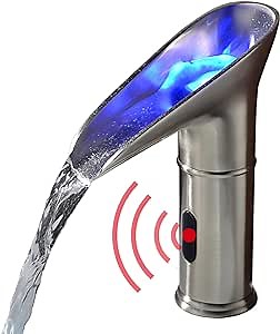Gangang LED Waterfall Bathroom Touchless Faucet Brush Nickle Automatic Motion Sensor Lighted Colorful Water Tap Mixer with Control Box and Mixing Valve(LED Round Waterfall)