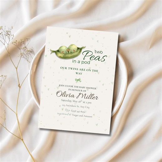 Pea Twins Baby Shower Invitation Template, Two Peas in a Pod Editable Canva Invite, Gender Neutral Sage Green Baby Shower, Twin Baby Shower - Etsy