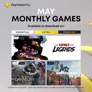 The PlayStation Plus Monthly Games for May are: ➕ GRID Legends ➕ Chivalry 2 ➕ Descenders Full details: play.st/3L5KcIJ | PlayStation