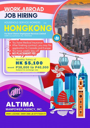 Altima Manpower Agency, Inc., licensed by the Department of Migrant Workers (DMW), conducts job interviews for Household Service Workers bound for Hong Kong, Singapore, and Saudi Arabia at our offices: ✅ MAKATI MAIN OFFICE: 0948-932-8889--- Unit 3A & 3B, Premiere Centre, 1425 Newton Street, San Isidro, Makati City. ✅ DAGUPAN: 0917-885-8804--- 3rd Floor, FTH Building, Burgos Street, Dagupan City, Pangasinan. ✅ LA UNION : 0968-443-5521 ---3rd Floor, CP Balingit Building, Quezon Avenue, National Hi