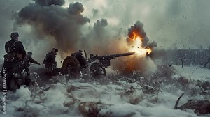 A historical reenactment captures soldiers in uniform, a firing cannon, and snow-covered ground Stock Video
