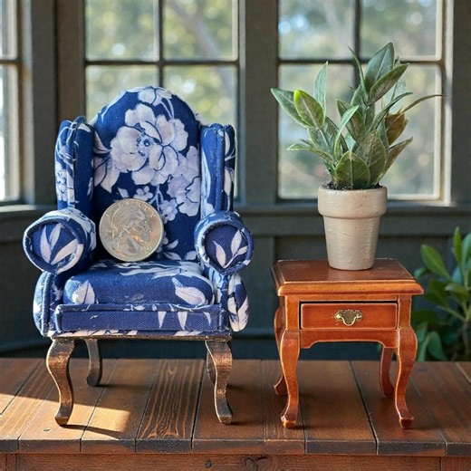 Victorian Wingback Chair | Blue Floral Upholstery | 1:12 Scale Miniature Armchair - Etsy