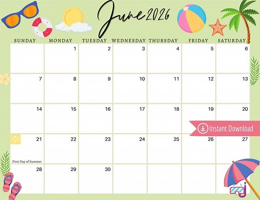 June 2026 Digital Calendar: Light Green Summer Planner (PDF, PNG, JPG Download) - Etsy