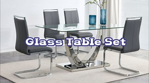 Pvillez 63" Dining Table Set for 6, Modern Rectangular Glass Dining Table with Silver Pedestal Base & 6 Pcs C-Shaped PU Leather Upholstered Dining Chairs, 7 Piece Dining Set for Kitchen Dining Room