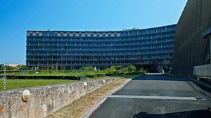View of The UNESCO Headquarters, a symbol of cultural preservation and international cooperation in Paris. United Nations Educational, Scientific and Cultural Organization headquarters with arts.