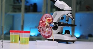 A detailed kidney model next to urine samples and a microscope, perfect for educational and informative use