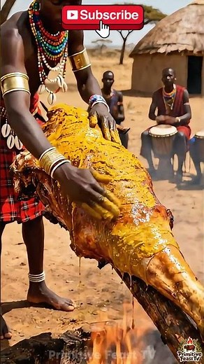 Primitive Cooking – GIANT Cow Leg BBQ Feast in the Jungle 🌿🔥 #Shorts #PrimitiveFeastTV