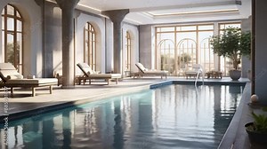 3D rendering of a luxury hotel swimming pool. Beautifully designed five-star hotel indoor pool with lounge and deck chairs