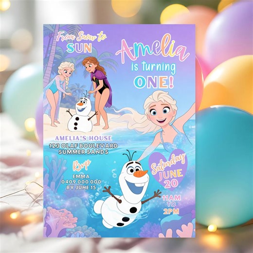 Frozen Summer Birthday Invitation Olaf Elsa Anna Beach Invite Digital Download - Etsy