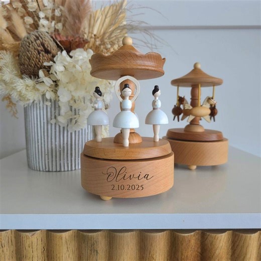 Musical Wooden Ballerina Carousel Keepsake,engraved Name Music Box,personalized Wooden Musicbox,baby Shower Gift,newborn Gift,children's Toy - Etsy