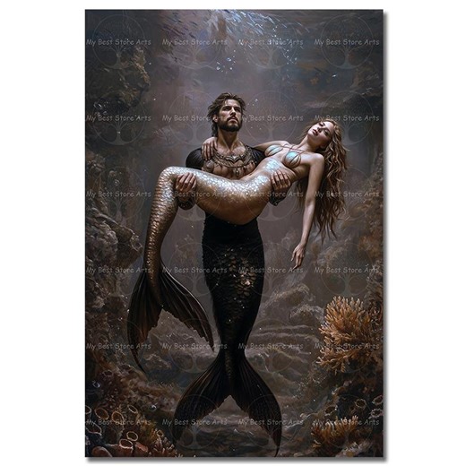 Mermaid and Merman Art Print - Romantic Poster, Gothic Ocean Fairytale Decor, Fantasy Valentines Gift, Mystical Love Decor - Etsy