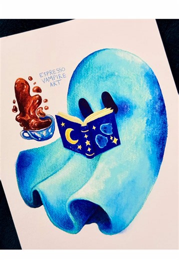 Bookish ghost painting for #mabsdrawlloweenclub 🥰🩵👻 #booktok #inktober #october #drawlloween