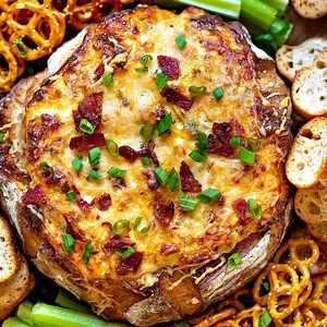 18K views · 406 reactions | PRINT RECIPE ▶️ https://www.momontimeout.com/baked-bacon-cheese-dip-recipe/ This Baked Bacon Cheese Dip is the ULTIMATE party food This creamy cheese dip is made with five different types of cheese, is loaded with bacon and baked up in a bread bowl that makes serving a breeze. | Favorite Recipes | Facebook