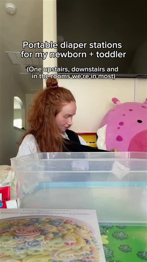 This is the ultimate hack if you don’t want to keep getting up to use the one diaper changing table you have. Portable diaper stations for my newborn and toddler, set up upstairs and downstairs in the rooms we’re in most. Each one has: • newborn diapers • toddler diapers • wipes • diaper rash cream • hand sanitizer • bag balm (for me) • little baby brush • nose sucker #newborn #2under2 #mamaof4 #postpartum