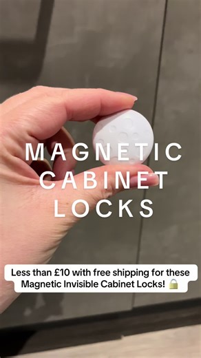 These Magnetic Cabinet Locks are perfect for keeping babies and toddlers out of the cupboards! No ugly looking locks because they are invisible! The locks come with adhesive so no drilling needed. #babyproofing #babytok #toddlersoftiktok #mumsoftiktok #tiktokmademebuyit