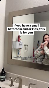 This toothbrush holder / toothpaste dispenser has been so helpful to me I had to make a whole video about it 😂 I have had it for 2 years now and it’s been incredibly helpful for my kids to practice independence and for me when I only have one hand available. It’s easy to clean and holds up to 5 toothbrushes, 2 different toothpastes (one for mom and dad and one for the kids), comes with 4 cups, and is easy to take apart and clean! #bathroomorganization #smallbathroomideas #organizingtips #momofl