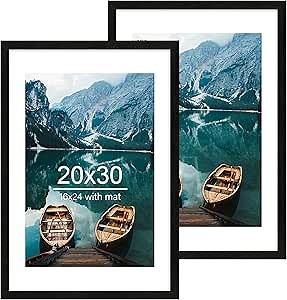 20x30 Frame Set of 2, Rustic Black Wood Style - Display 16x24 Picture with Mat or 20 x 30 Poster without Mat, Wall Mounting Horizontal and Vertical