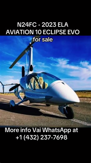 #creatorsearchinsights AIRCRAFT SUMMARY General Year 2023 Manufacturer ELA AVIATION Model 10 ECLIPSE EVO Registration # N24FC Condition Used FlightRules VFR Based at KTMB Total Time 170 Number of Seats 2 Description IQ Worldwide Solutions, LLC is pleased to present this exceptional 2023 ELA Eclipse EVO Gyrocopter, offered in like-new condition with only 170 total hours since new. This aircraft represents the cutting edge of autogyro innovation, blending sleek European design with unmatched relia
