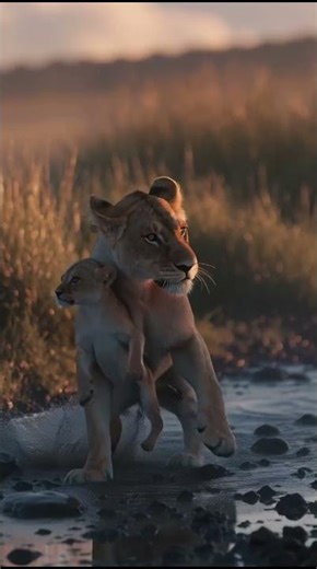 Cubs Learning to Swim with Their Mother #lions #wildlife