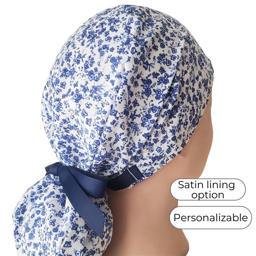 Ponytail Scrub Cap, Blue Floral - Personalizable With Button, Satin Lining Option - Etsy