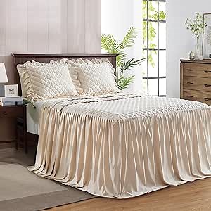 Ruffle Skirt Bedspread Set - 30" Long Drop - Vintage Cream White Chic Ruffled Summer Coverlet Bed Spread Quilt Boho Bedding Farmhouse Style Lightweight Luxurious Rustic 3 Piece Set Queen Size Beige
