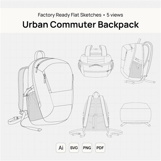 Urban Commuter Backpack CAD Flat Sketch, Adobe Illustrator Tech Pack Ready Design