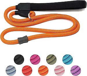 Strong Slip Rope Dog Training Leash (6ft) - Heavy Duty Durable Braided Nylon Lead with Rubber Stopper & Padded Handle - No Pull Walking for Medium Large Dogs (Orange, 1/2" x 6ft)